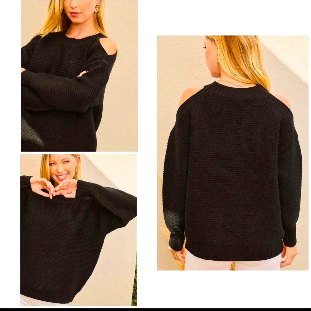 Cold shoulder round neck relaxed fit sweater Size large Color Black